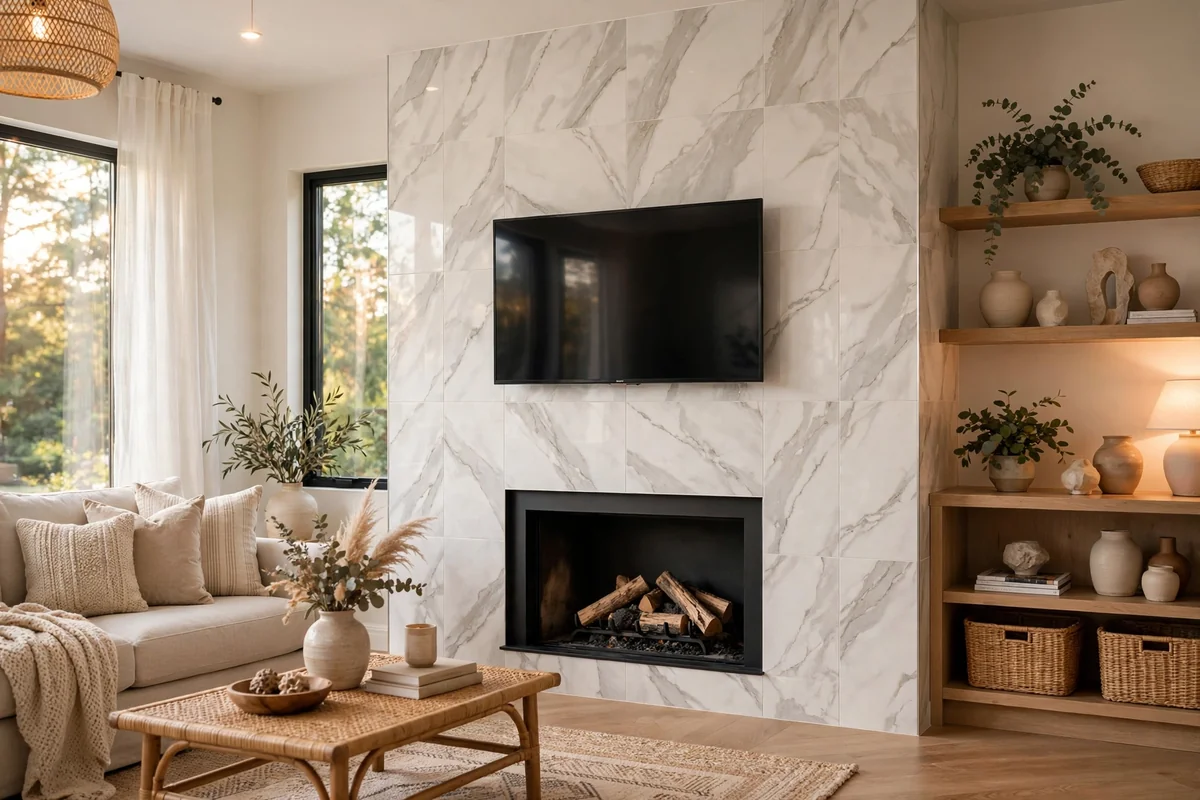 Marble-effect porcelain tile fireplace wall with TV above in an elegant bright living room