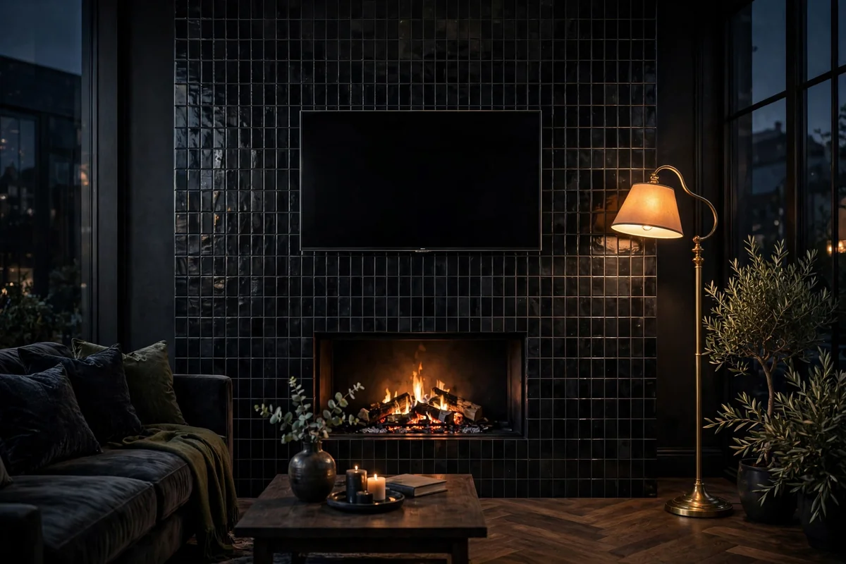 Midnight black tile fireplace wall with TV above in moody evening light with a brass floor lamp