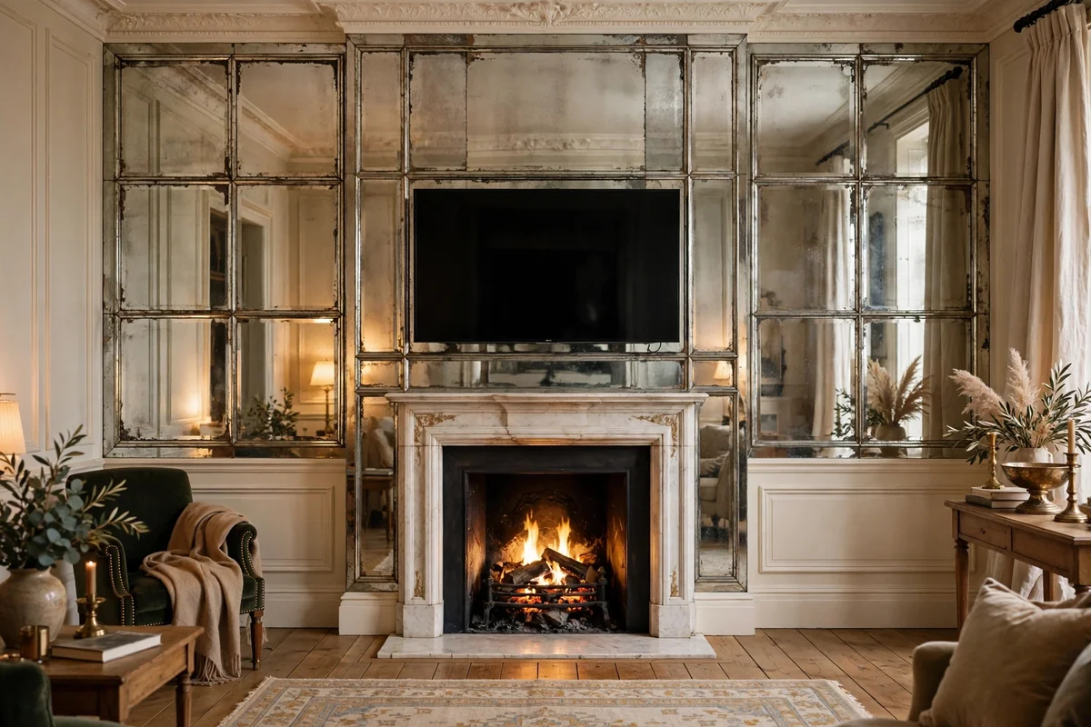 Fireplace wall with antique mirror panels surrounding the fire and TV in a classic living room