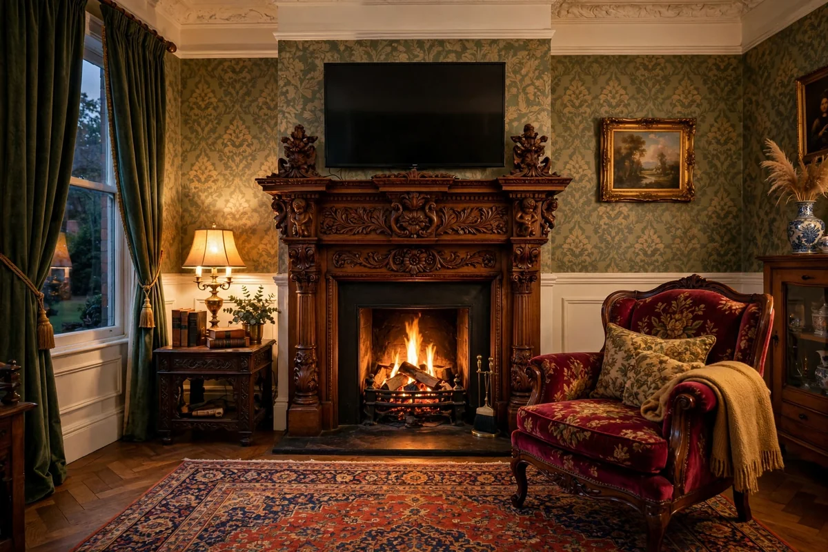 Victorian living room with ornately carved wooden mantel fireplace and TV mounted above