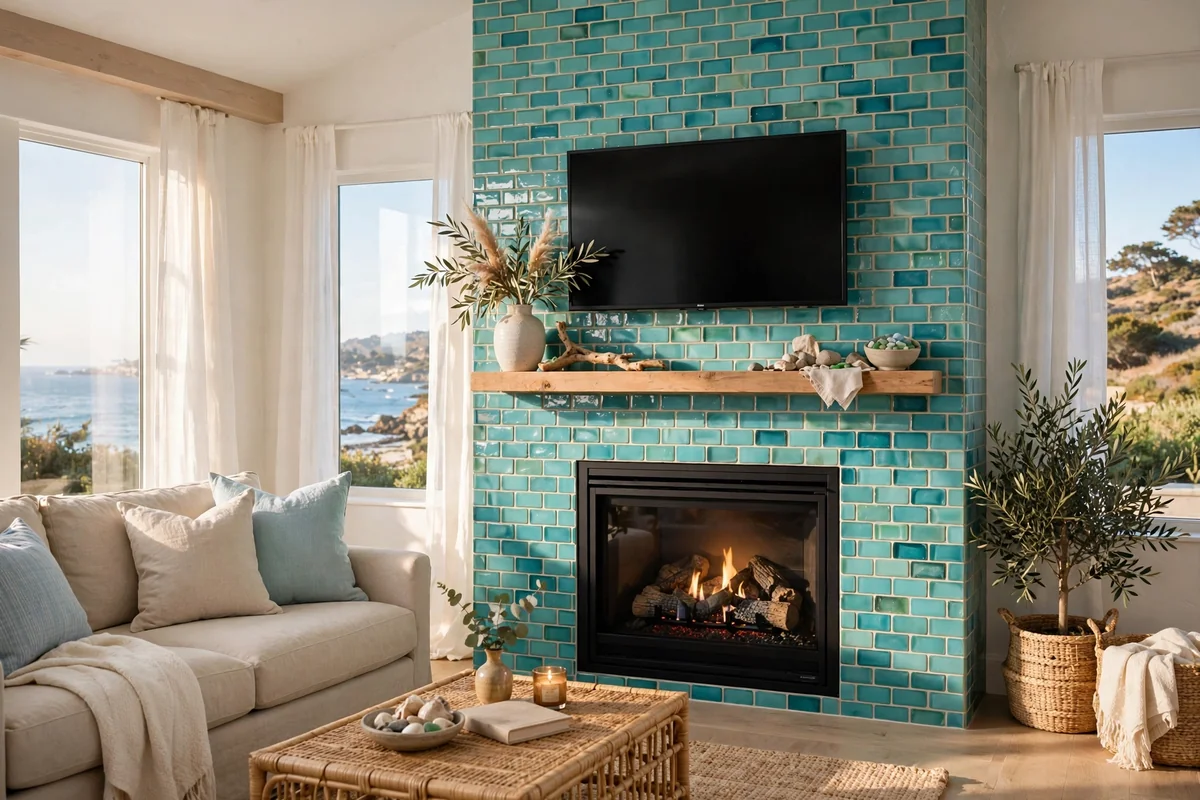 Coastal living room fireplace wall in sea glass turquoise tiles with TV above and linen sofa