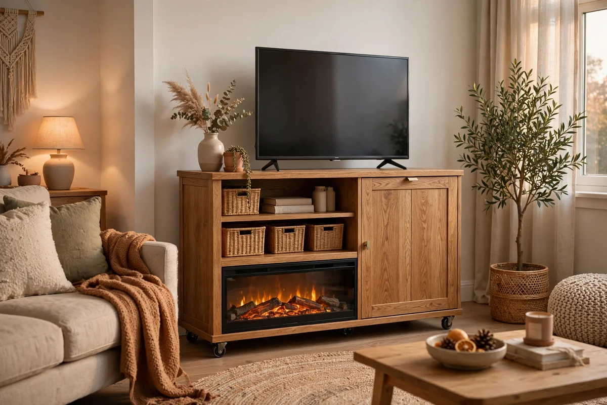 Freestanding oak media console with built-in electric fireplace and TV in a renter-friendly living room