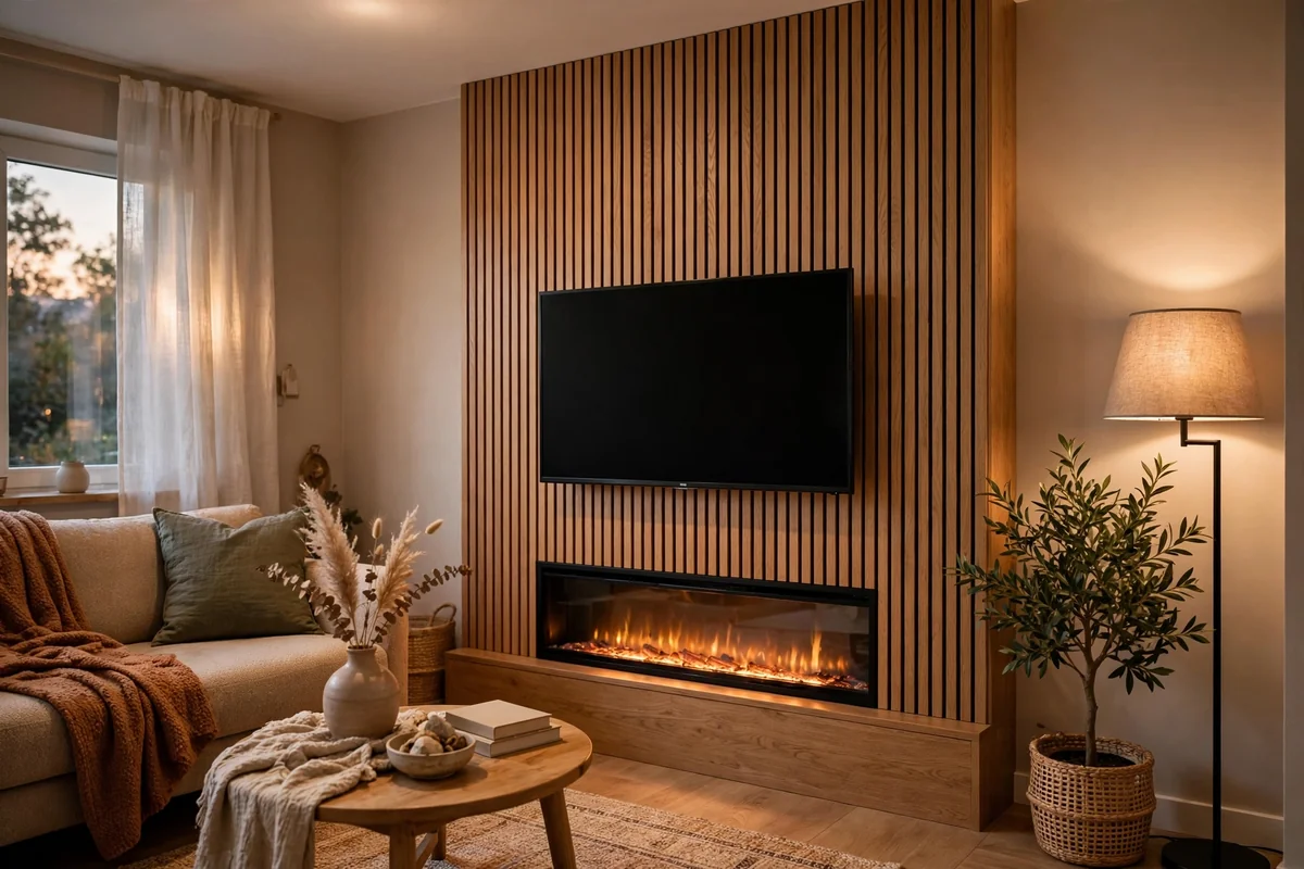 Slim media wall with wall-mounted TV above a narrow electric fireplace in a compact modern living room