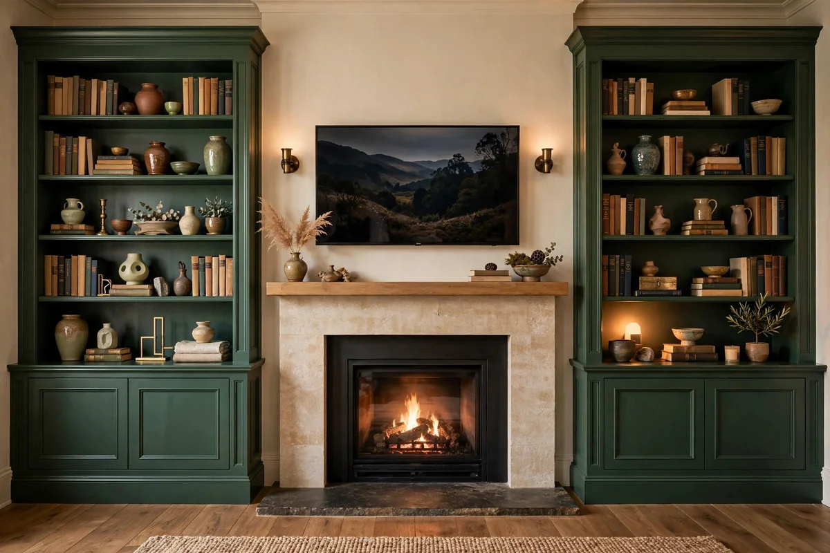 Built-in bookcases in deep green flanking a fireplace and TV wall with styled shelves and brass lights