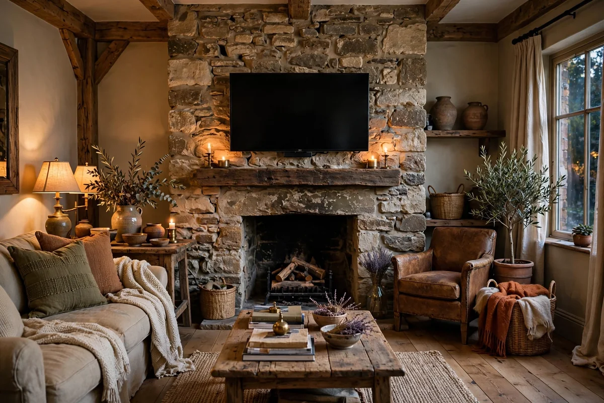 Tumbled natural stone fireplace wall with old-world texture and TV mounted above in a rustic elegant room