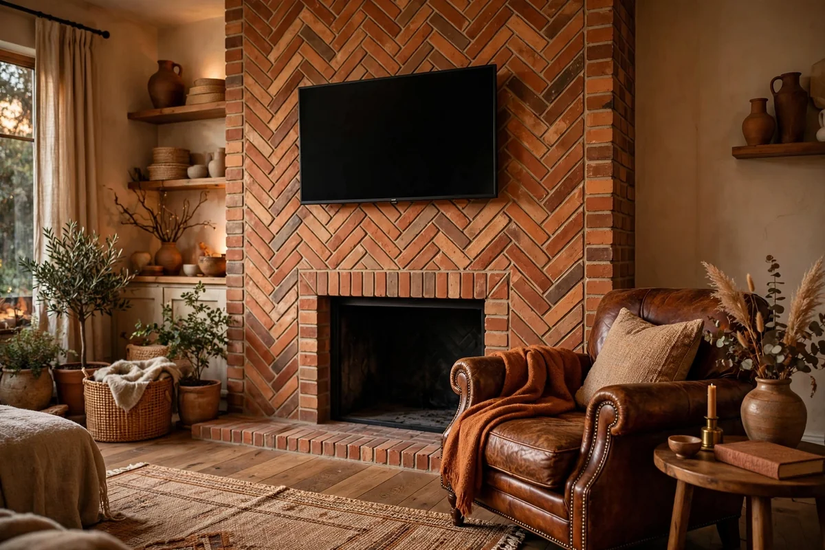 Herringbone brick fireplace in warm clay tones with TV mounted above and leather armchair beside