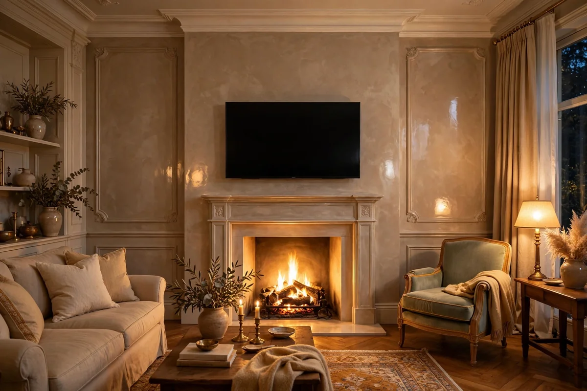 Polished plaster fireplace wall with soft golden glow and TV mounted above in a refined living room