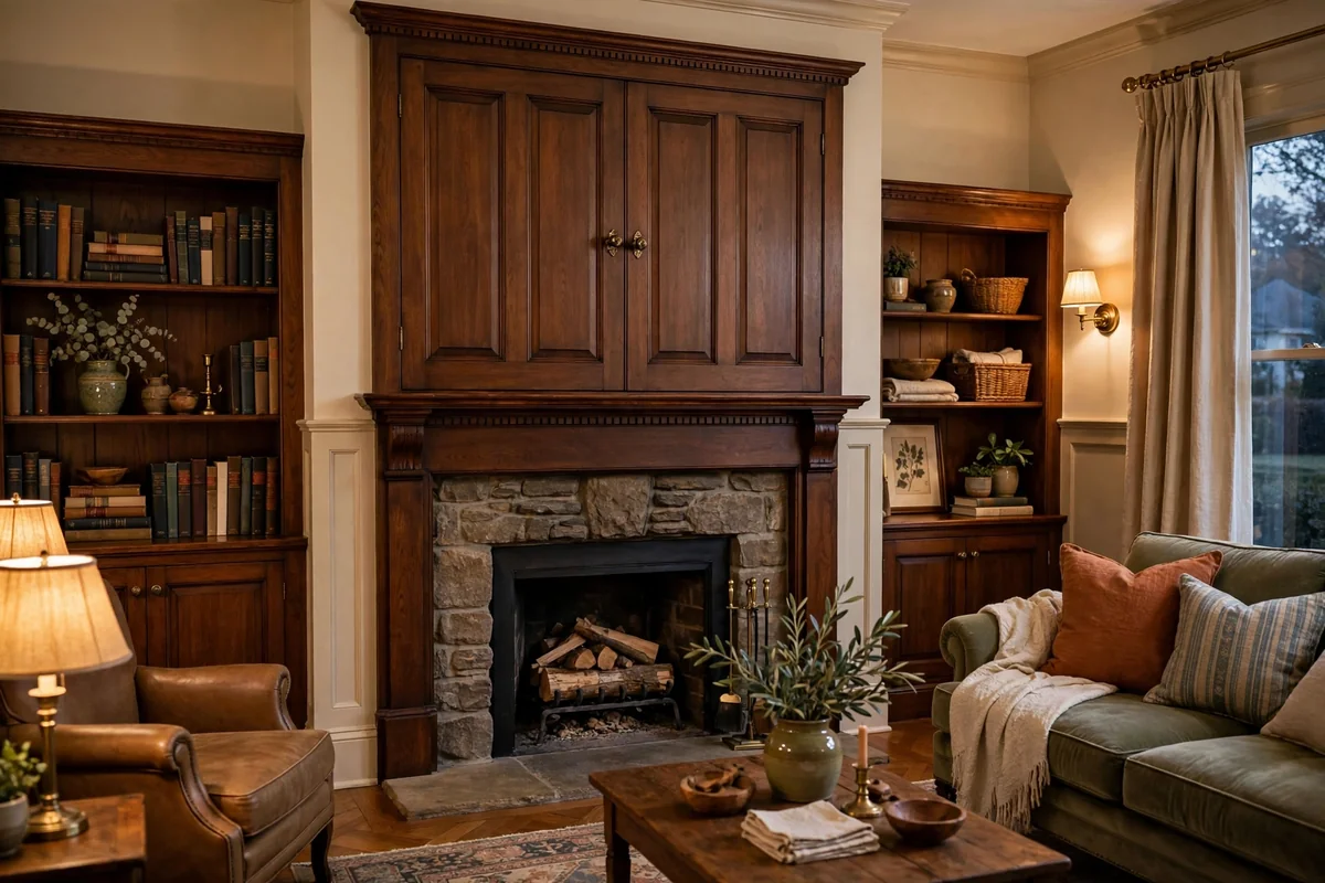 TV concealed behind closed panelled wooden doors above a fireplace in a traditional living room