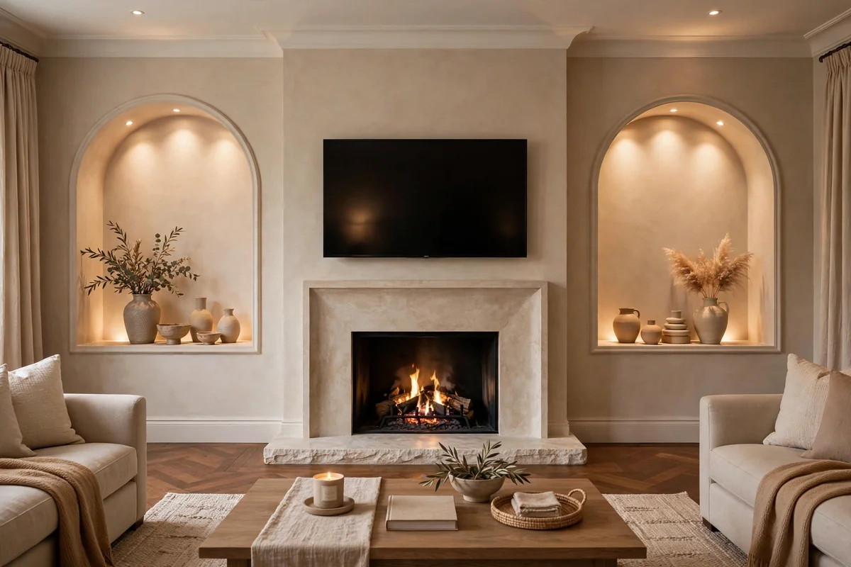 Fireplace TV wall flanked by arched alcoves with soft downlights in an elegant symmetrical living room