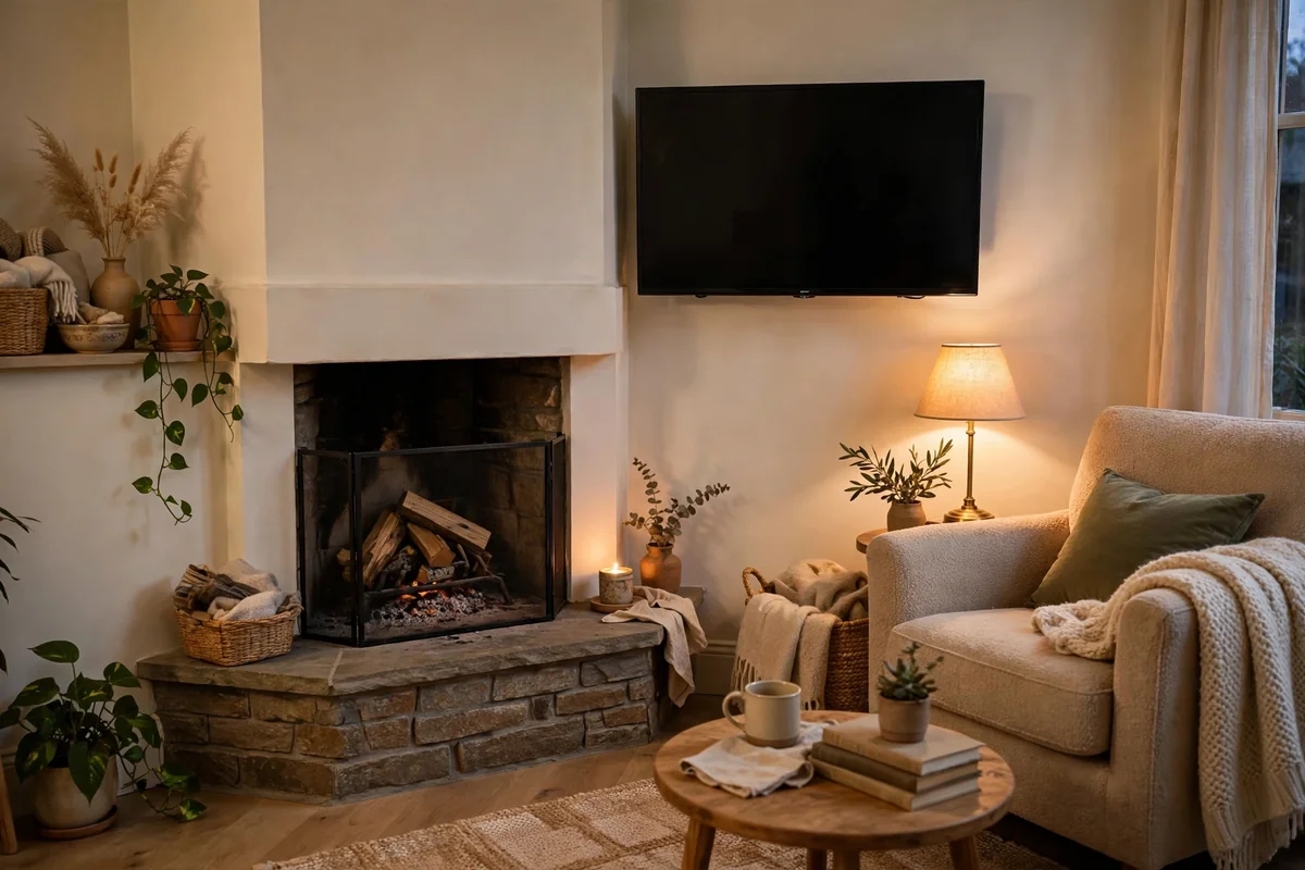 Corner fireplace hearth with TV on the adjacent wall in a compact cozy living room with armchair