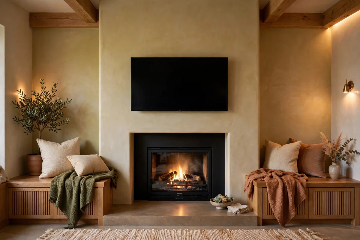 Deep modernised inglenook fireplace with built-in bench seating and TV mounted above the opening