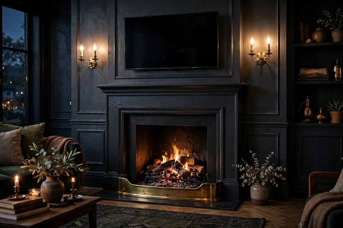 Charcoal chimney breast with fireplace, brass sconces and fender, TV above in a moody evening room