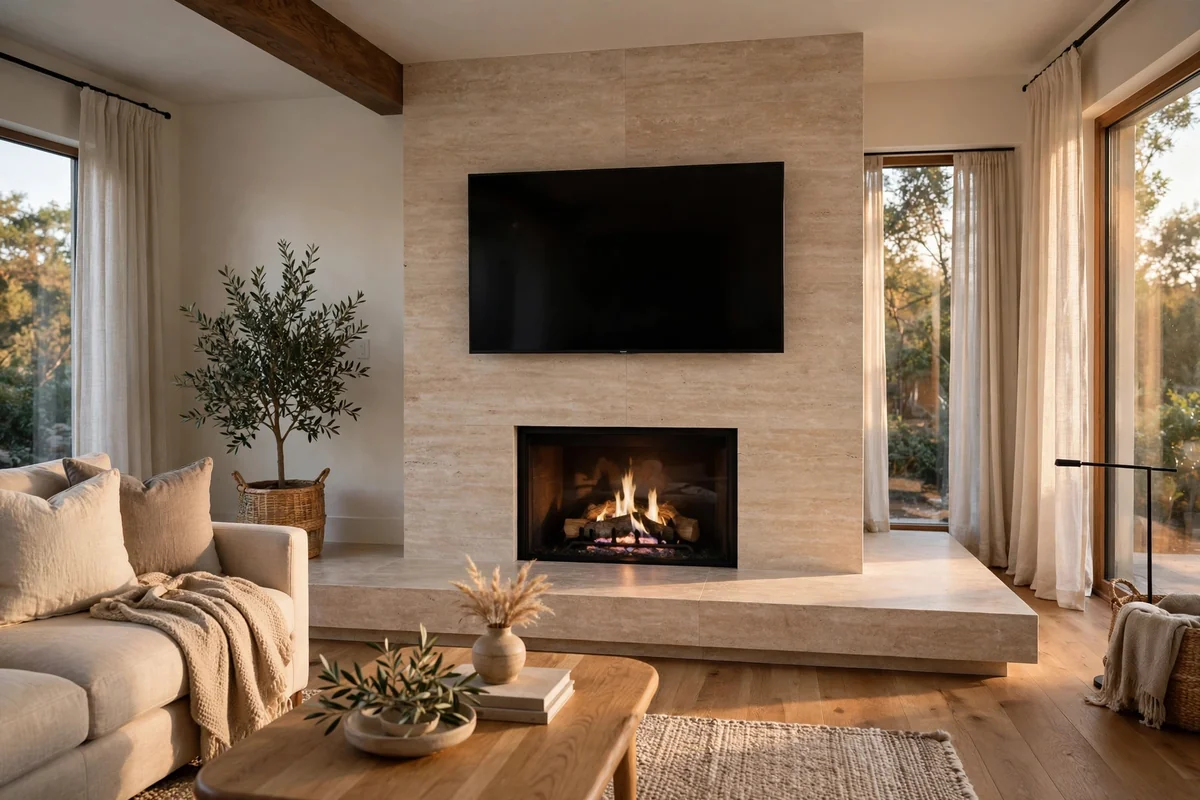 Raised stone hearth platform with fireplace and TV above in clean contemporary lines