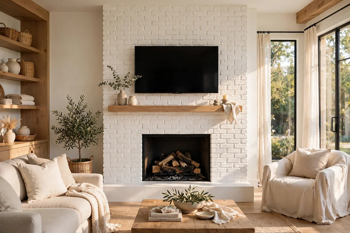 Limewashed brick fireplace wall in soft white with TV mounted above in a bright serene living room
