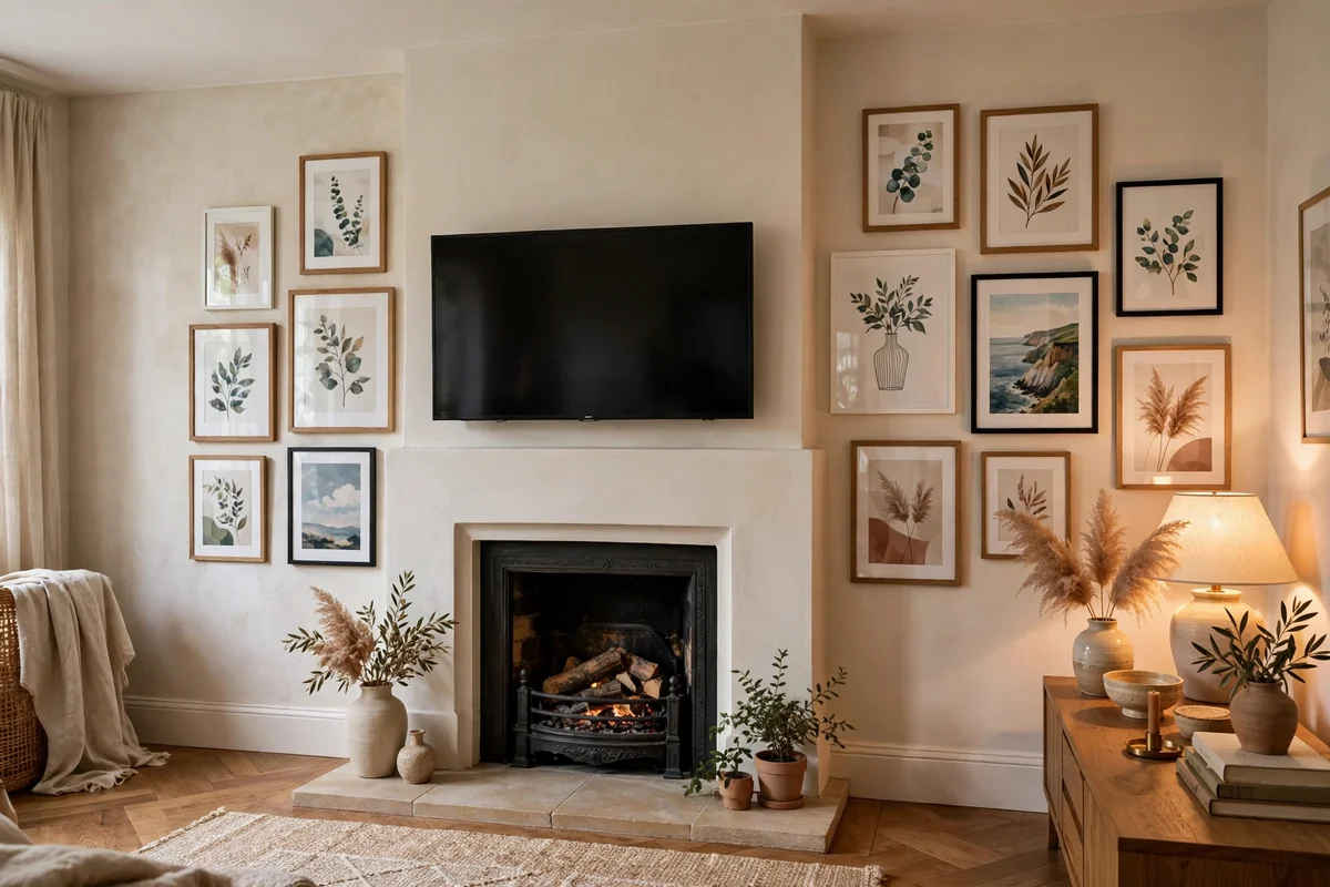 Chimney breast with gallery wall of framed art prints sharing space with TV above the fireplace