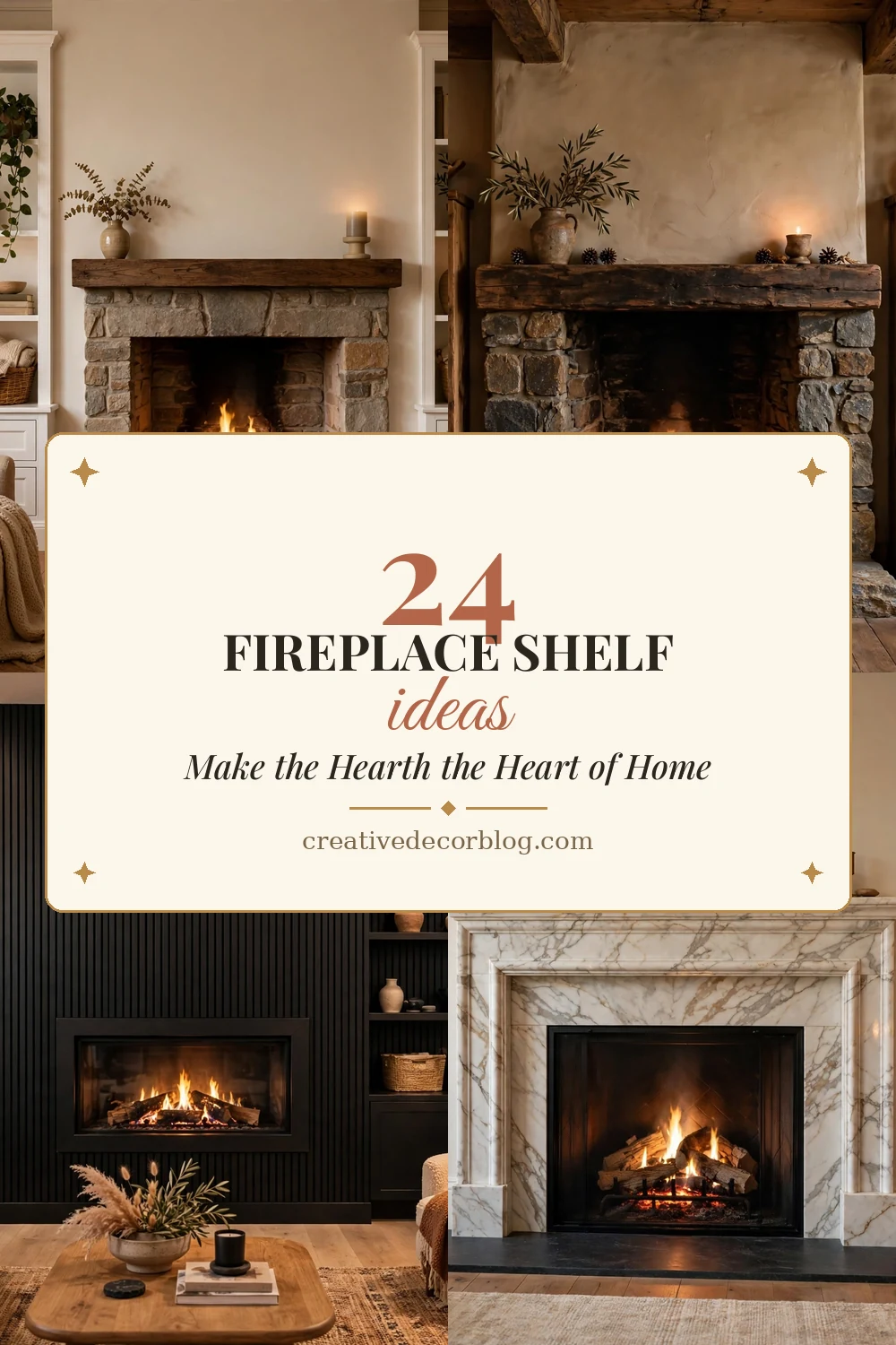 Pinterest pin collage of fireplace shelf ideas titled 24 Fireplace Shelf Ideas That Make the Hearth the Heart of Home