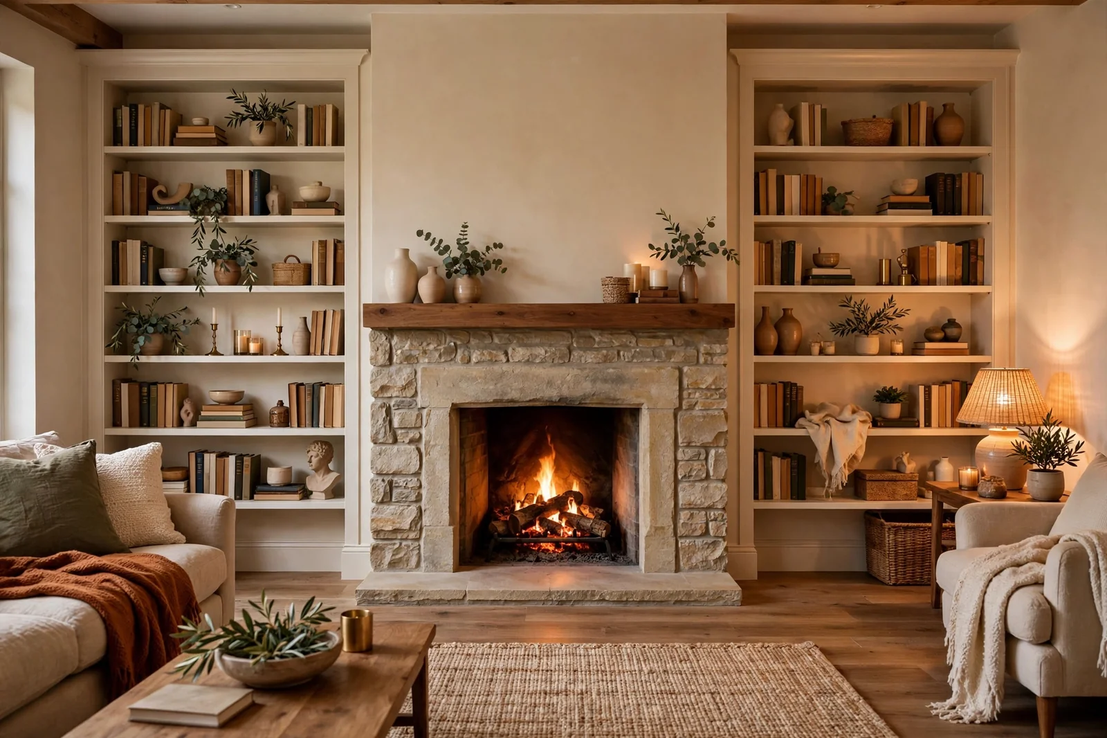 Wide view of a beautiful living room fireplace with built-in shelves on both sides, styled with books and decor, warm and inviting