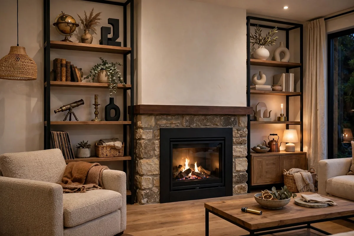 Living room fireplace mixing old and new styles, vintage and modern decor on shelves