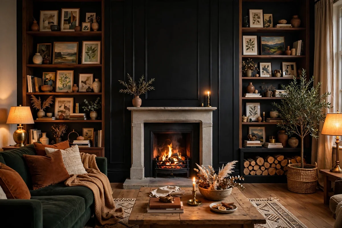Dramatic living room with a black accent wall behind the fireplace, shelves with art