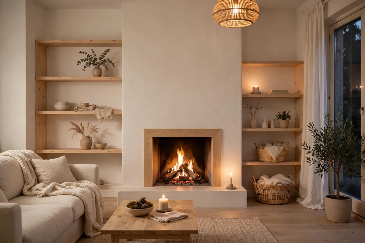 Scandinavian style living room fireplace with light wood shelves, minimal decor