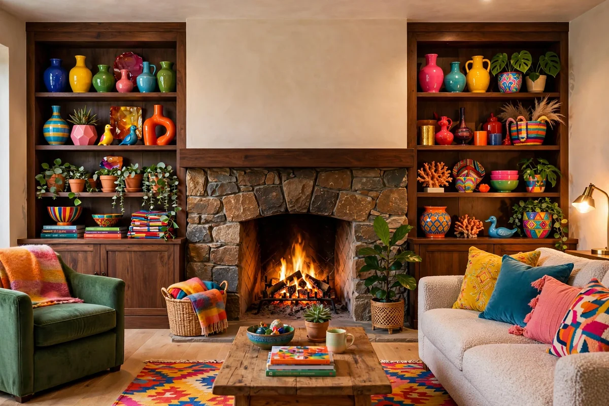 Living room fireplace with bold colorful decor on the shelves, cheerful