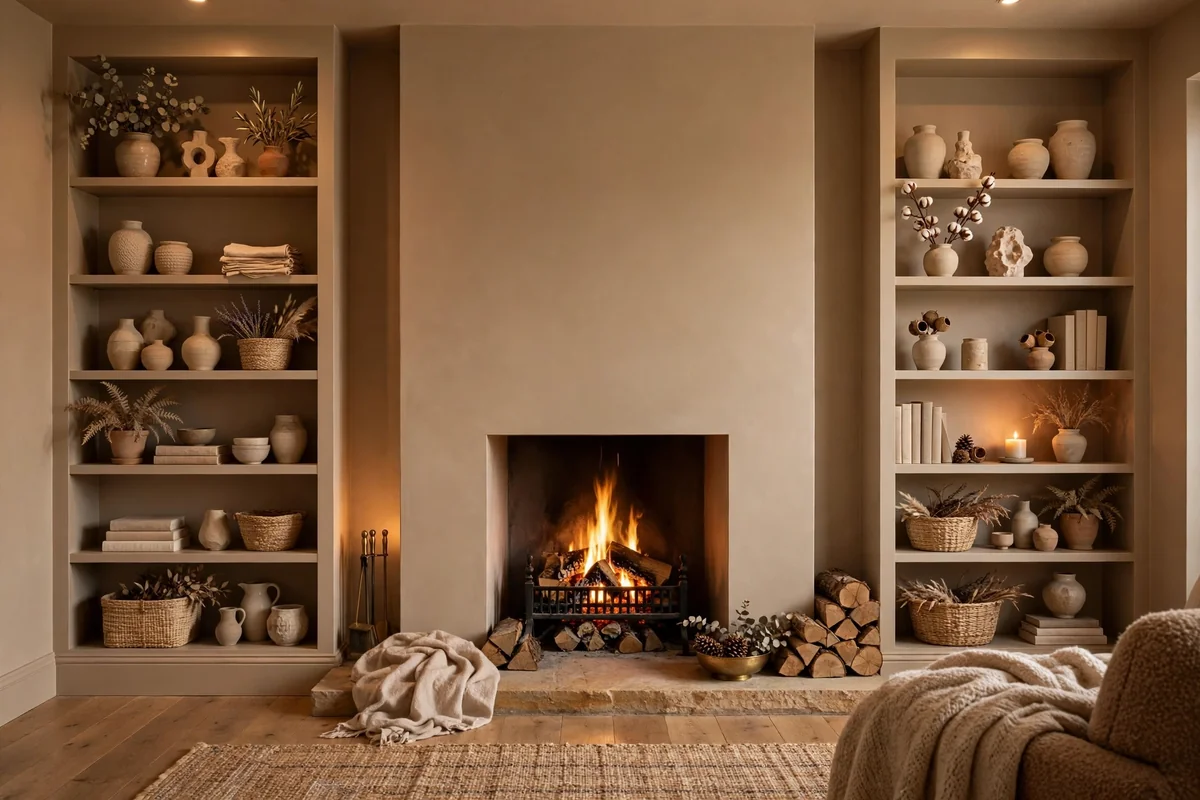Fireplace with shelves painted the same color as the wall, seamless camouflage look