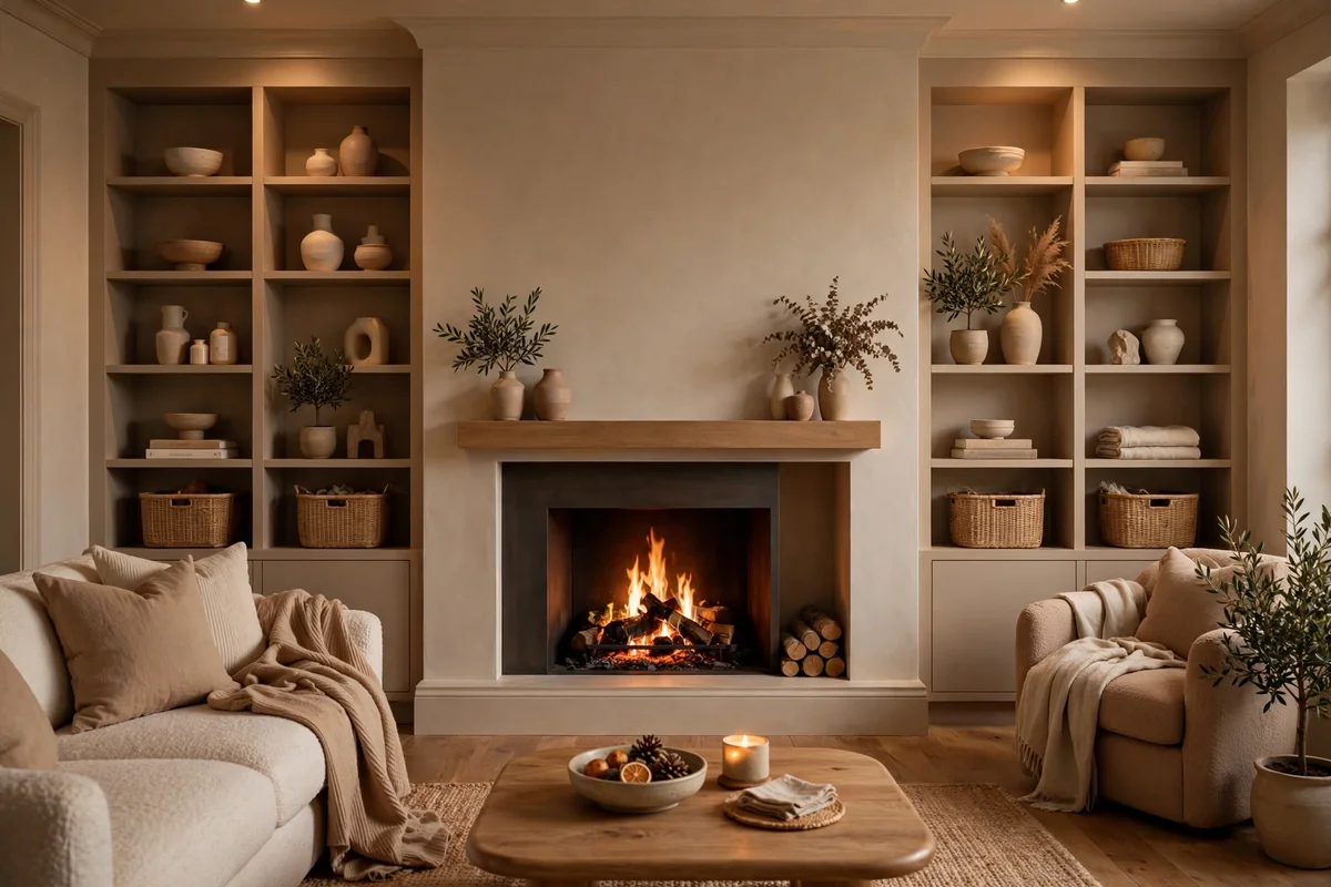 Fireplace integrated into the room design, shelves matching wall color, cohesive