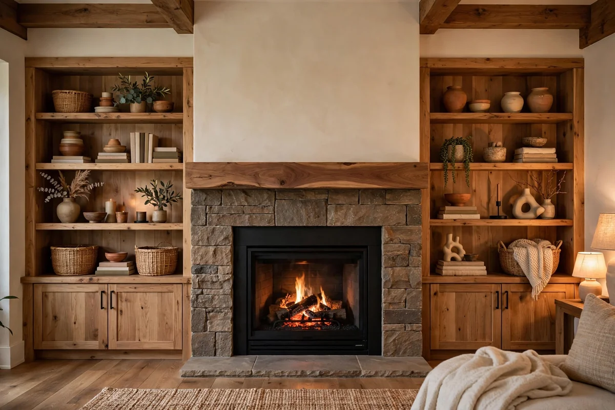 Fireplace with warm natural wood shelves on both sides, rustic modern