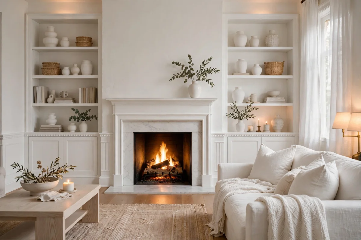 All-white living room fireplace with white shelves, timeless and bright
