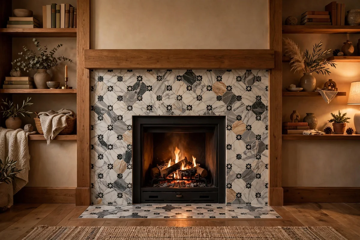 Fireplace with patterned marble tile surround and wooden shelves