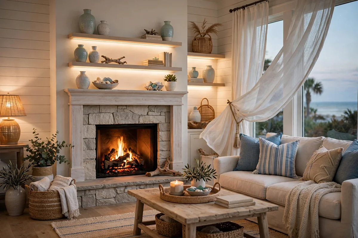 Coastal style living room fireplace with light shelves, breezy decor