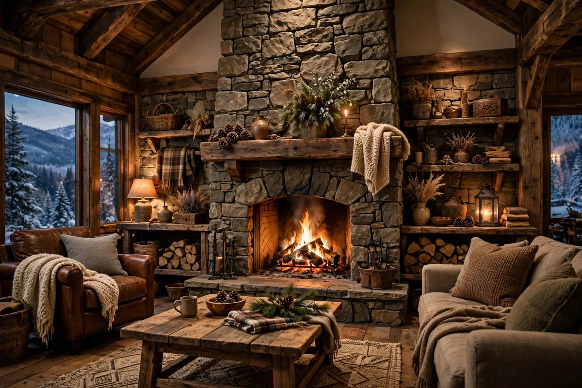 Mountain lodge living room with natural stone fireplace and rustic shelves