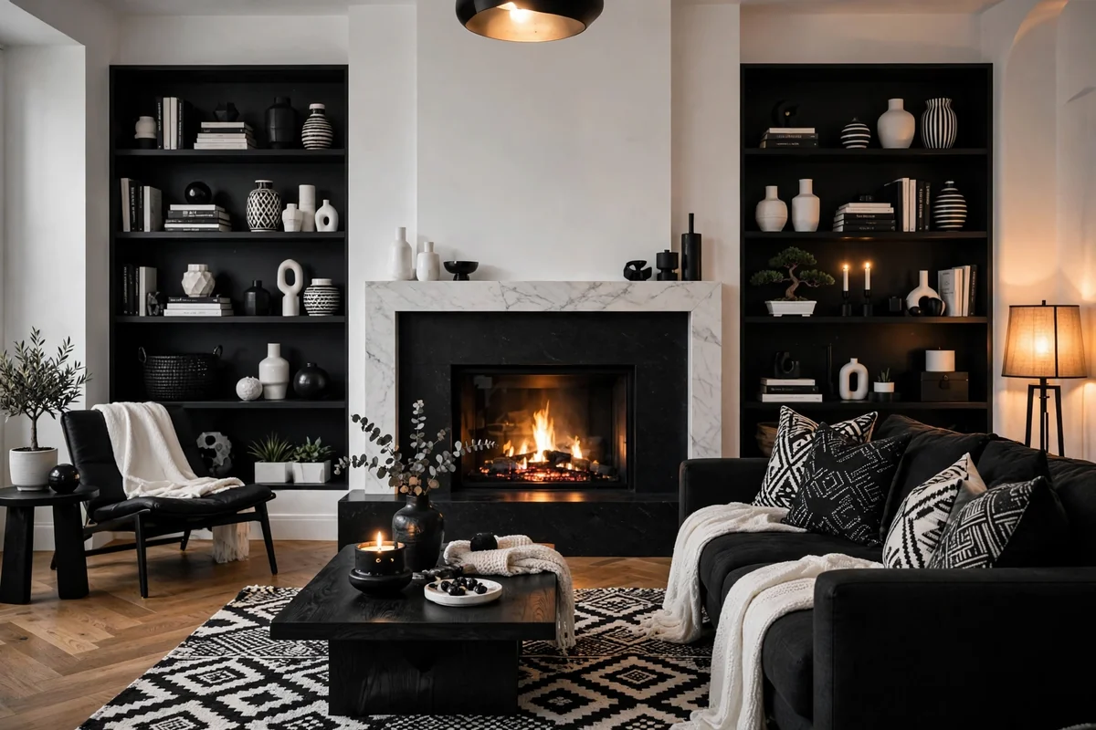 Modern monochrome living room with black and white fireplace and shelves