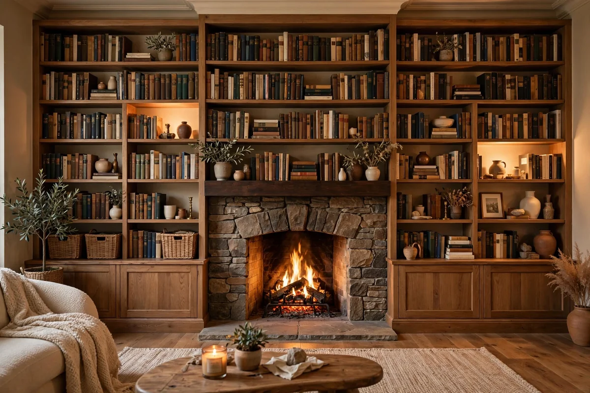 Living room fireplace with floor-to-ceiling built-in shelves full of books