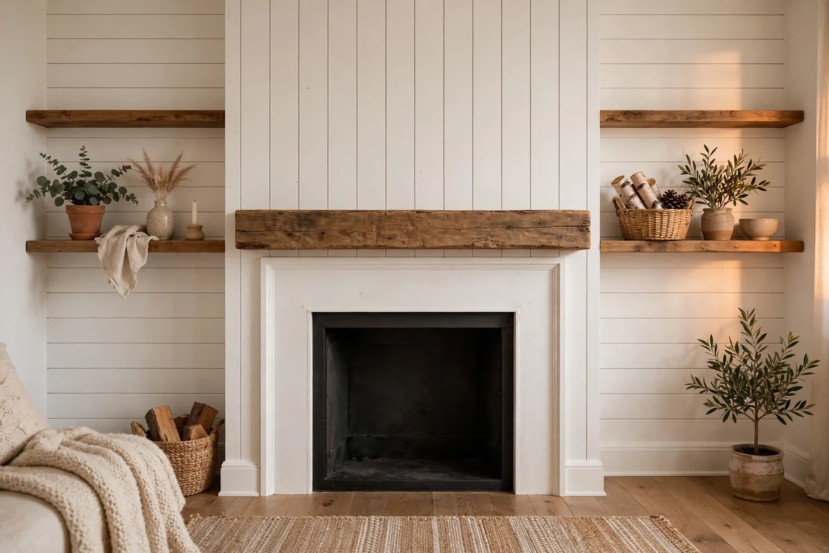 White shiplap fireplace with a rustic wooden mantel, simple shelves, sweet and simple