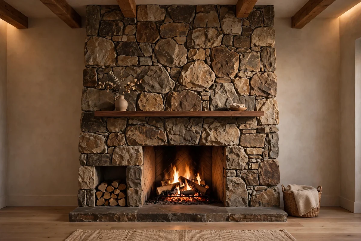 Grand natural stone fireplace as the single focal point, minimal accessories