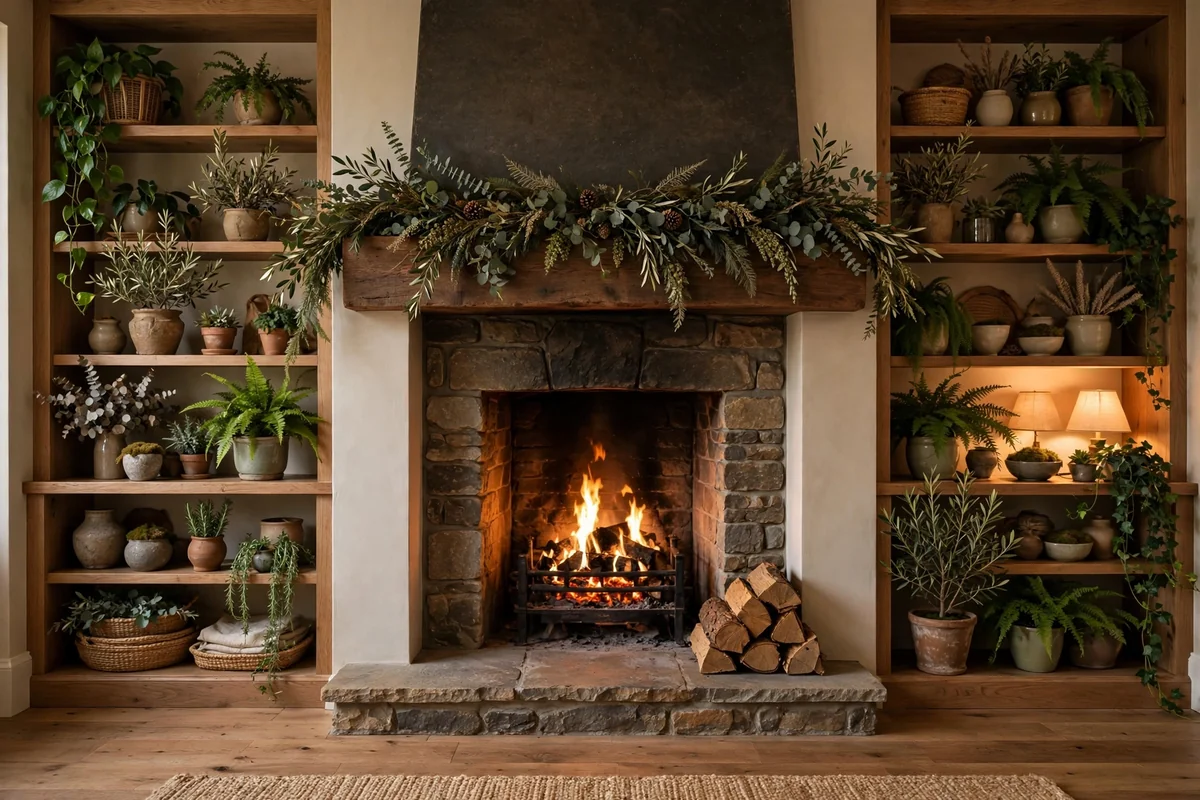 Fireplace with shelves decorated with greenery and plants all year round