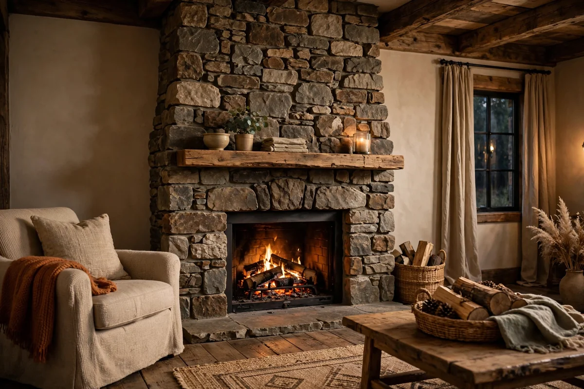Rustic living room fireplace with stone chimney and simple wooden shelf
