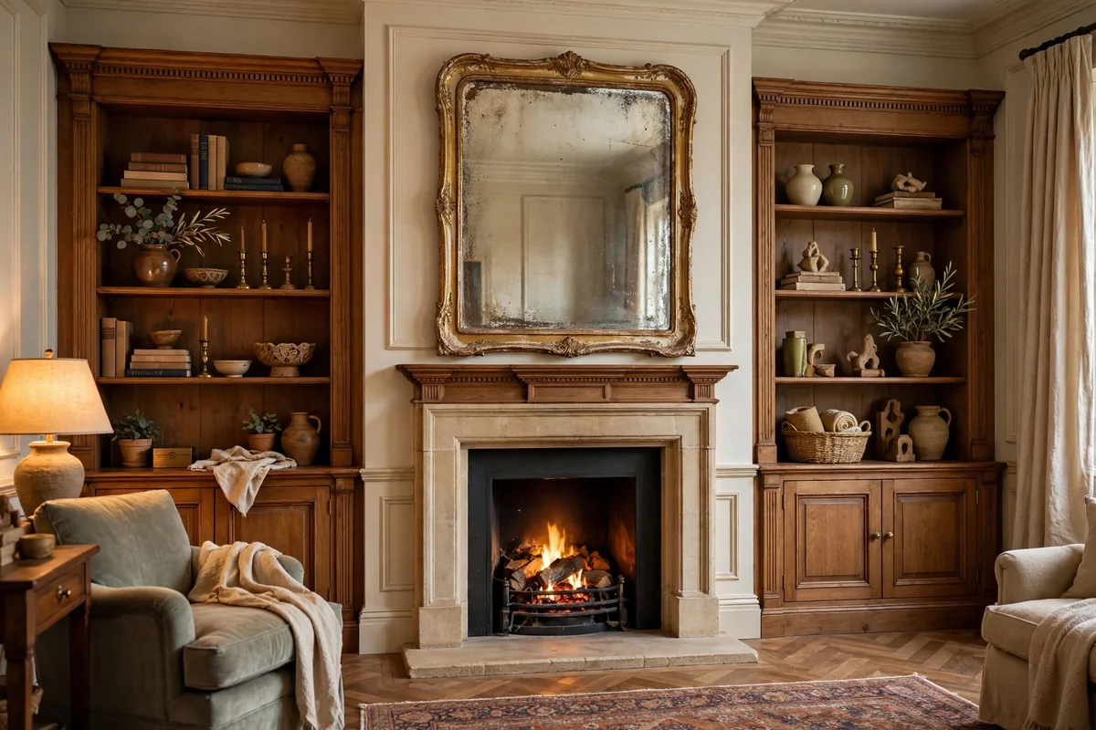 Classic elegant living room fireplace with aged mirror and wooden details on shelves