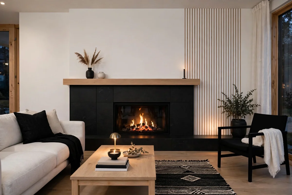 Minimalist living room fireplace in white and black with light wood accents, calm