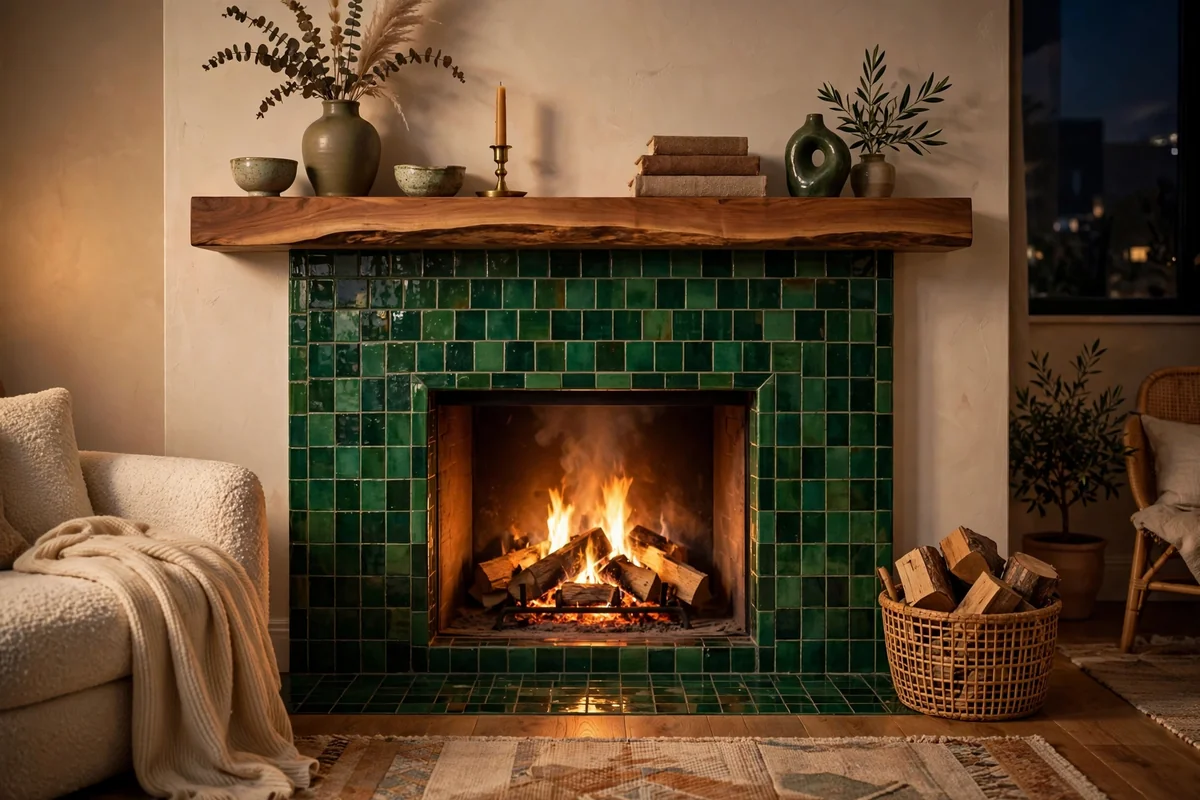 Fireplace with a green tile surround and wooden shelf, stylish and unique