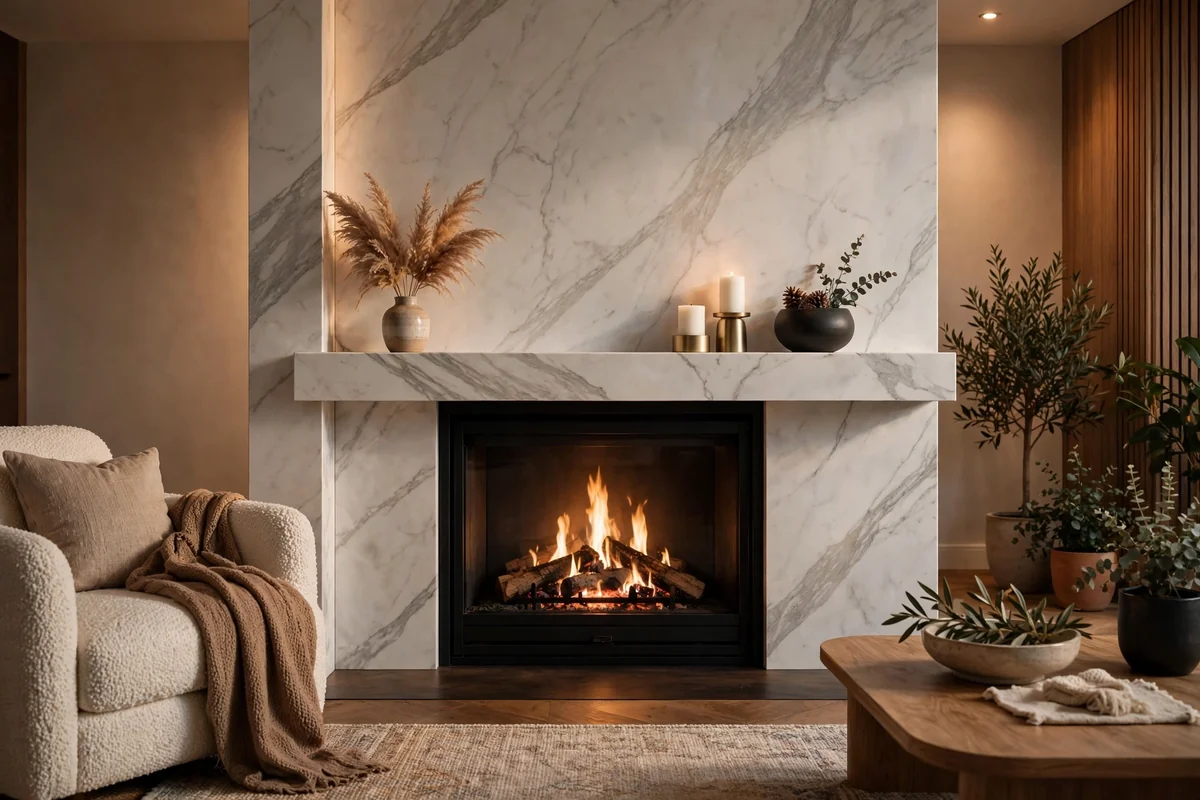 Modern fireplace with sleek marble surround and integrated marble shelf