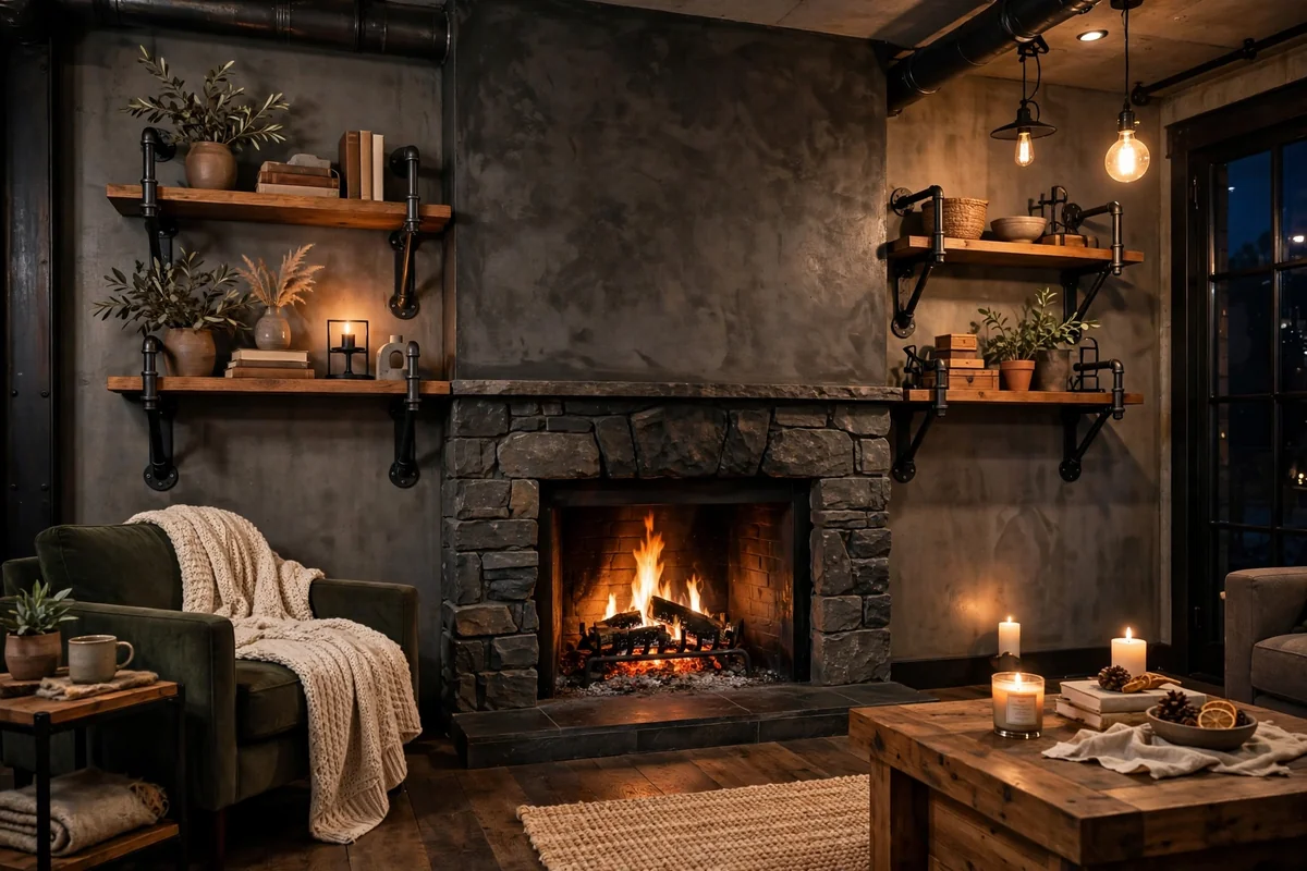 Fireplace with wooden shelves on industrial metal brackets, modern industrial