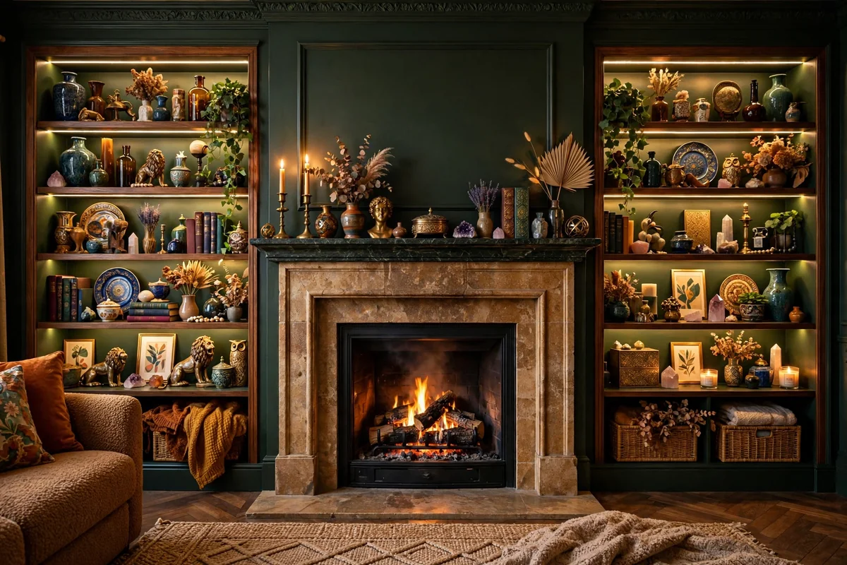 Fireplace with fully styled maximalist shelves, ornaments and LED lighting, rich