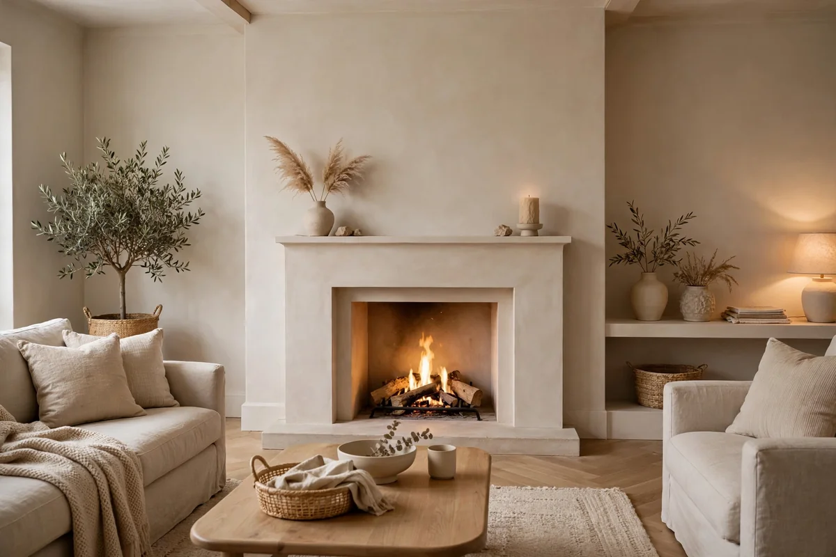 Neutral living room fireplace in soft beige tones, quiet and understated