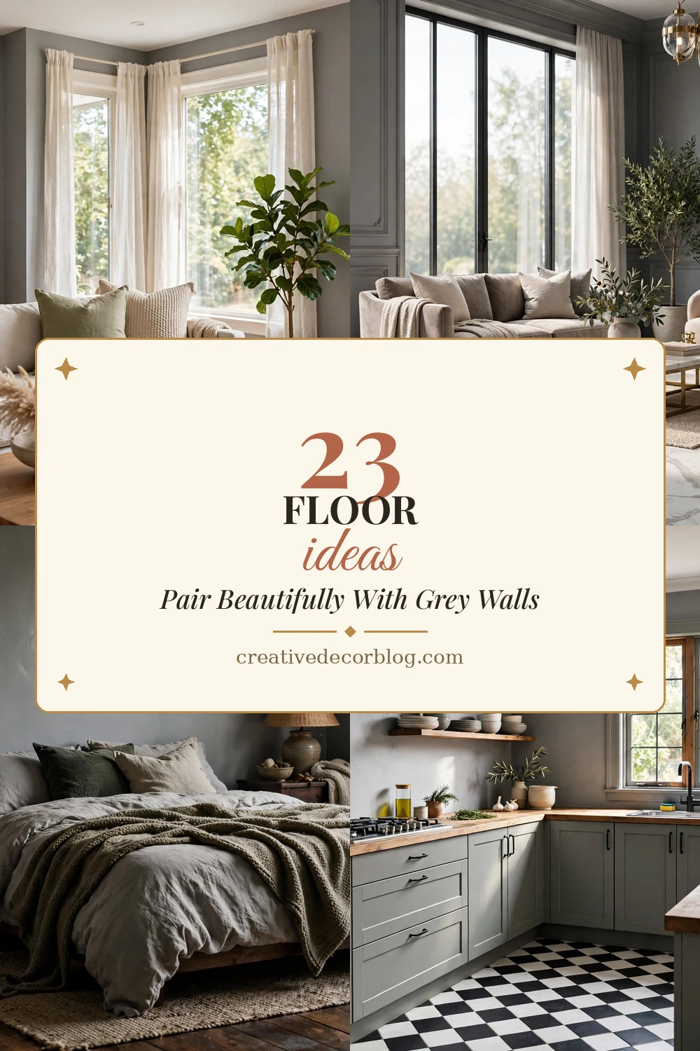Pinterest pin collage of floor ideas titled 23 Floor Ideas That Pair Beautifully With Grey Walls