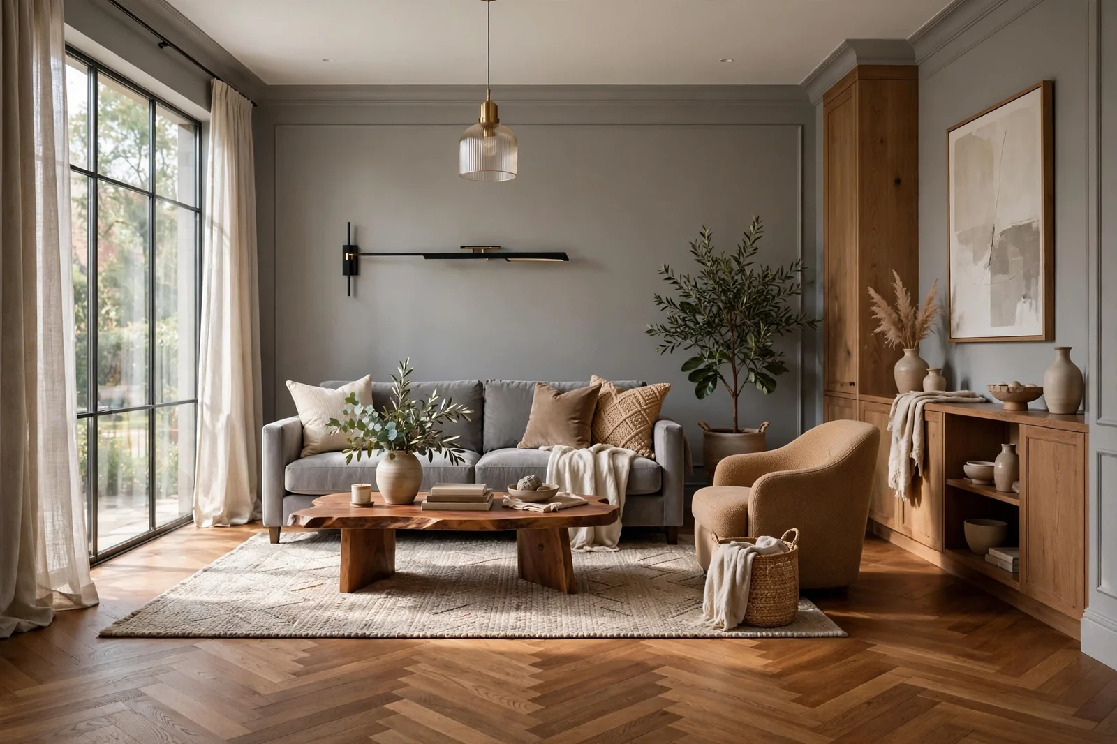 Wide view of a beautiful living room with grey walls and warm wood floors, elegant