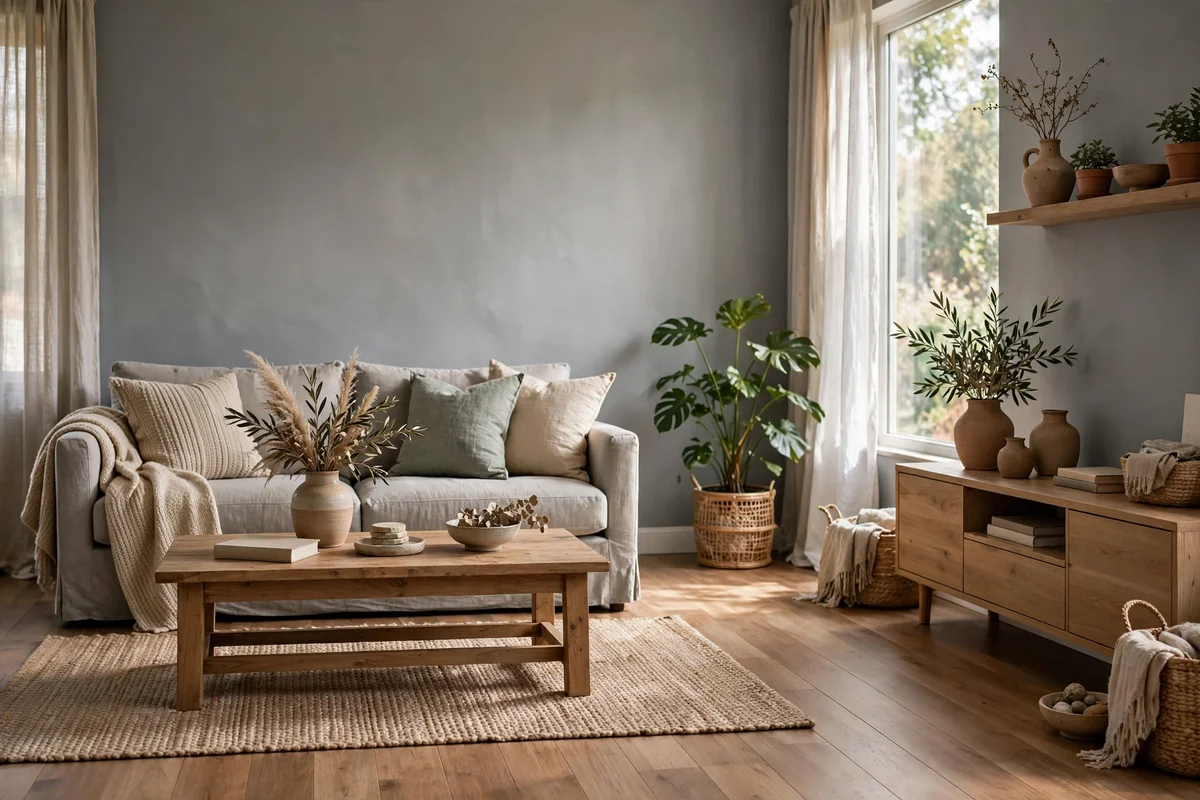 Living room with grey walls and light brown hardwood floors, natural