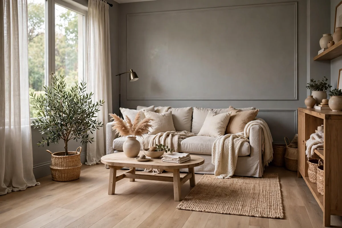 Living room with grey walls and warm beige wood floors, soft