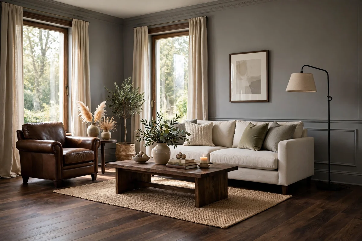 Living room with grey walls and rich dark brown wood floors, elegant